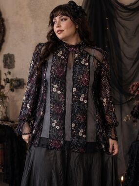 NEXT Mixed Media Fairy Whimsigoth Purple Floral Mock Neck Blouse Size 14